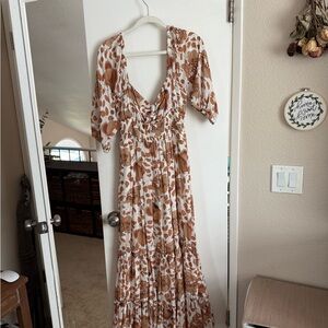 Anthropologie Cream Brown Sundress with Puff Sleeves and Plunge Neckline